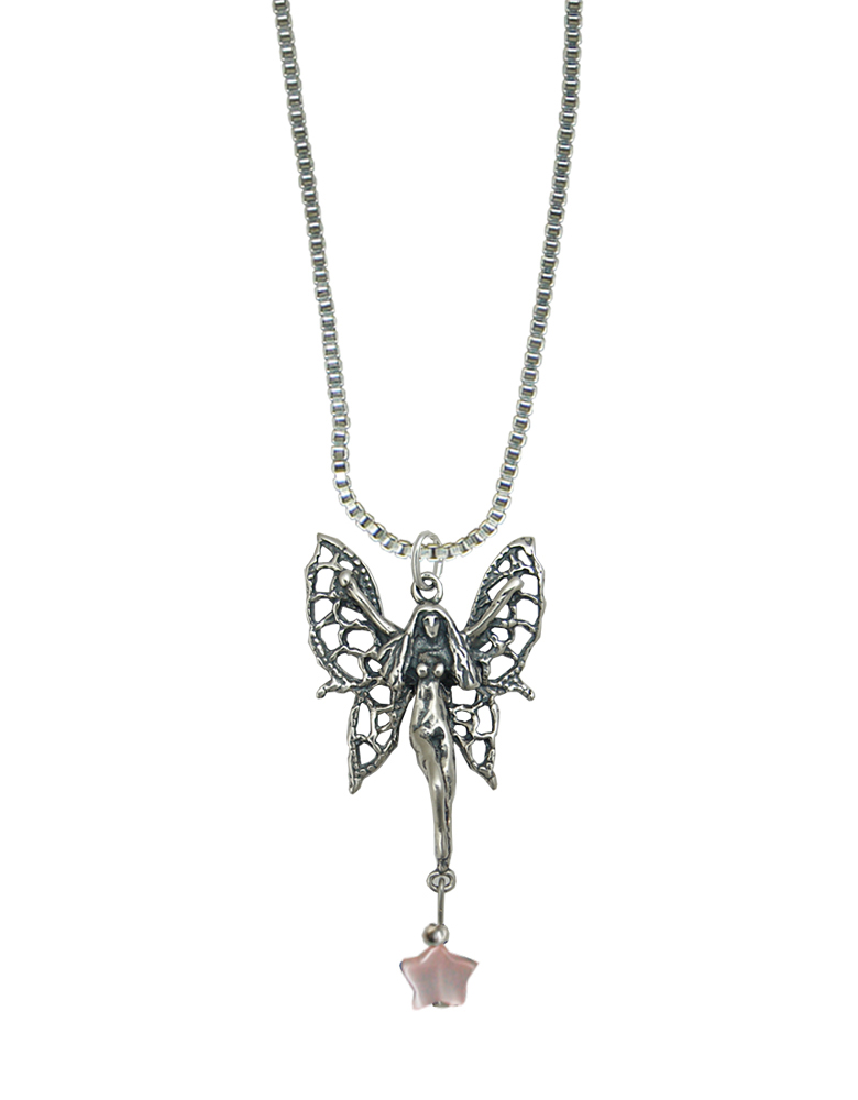 Sterling Silver Filigree Flying Fairy Pendant With Lucky Pink Star